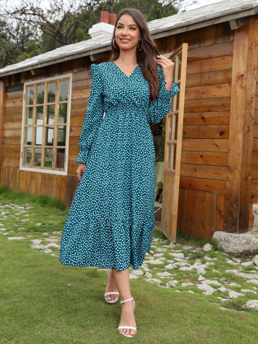Vintage Polka Dot Dress V-Neck Long Sleeves Ruffles Midi Dresses