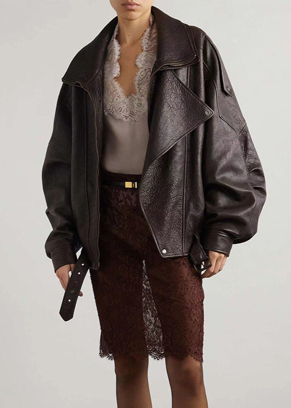 | Women's Belted Oversized Leather Bomber Jacket