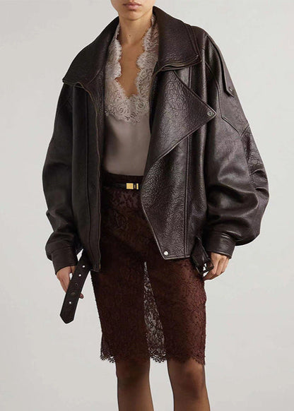 | Women's Belted Oversized Leather Bomber Jacket