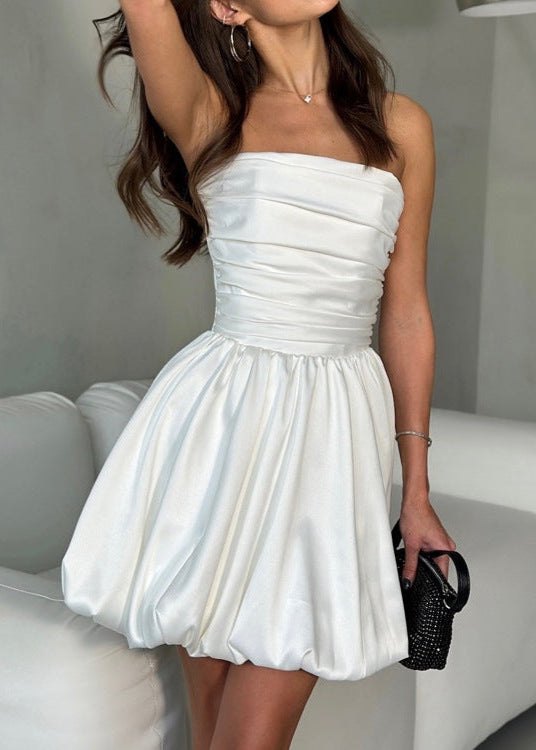 Strapless Ruched Bodice Bubble Hem Mini Dress