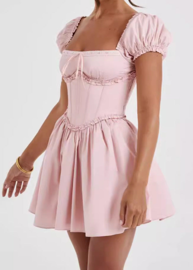 Off Shoulder Puff Sleeve Corset Boned Bodice Ruffle Trim Fit and Flare Mini Dress