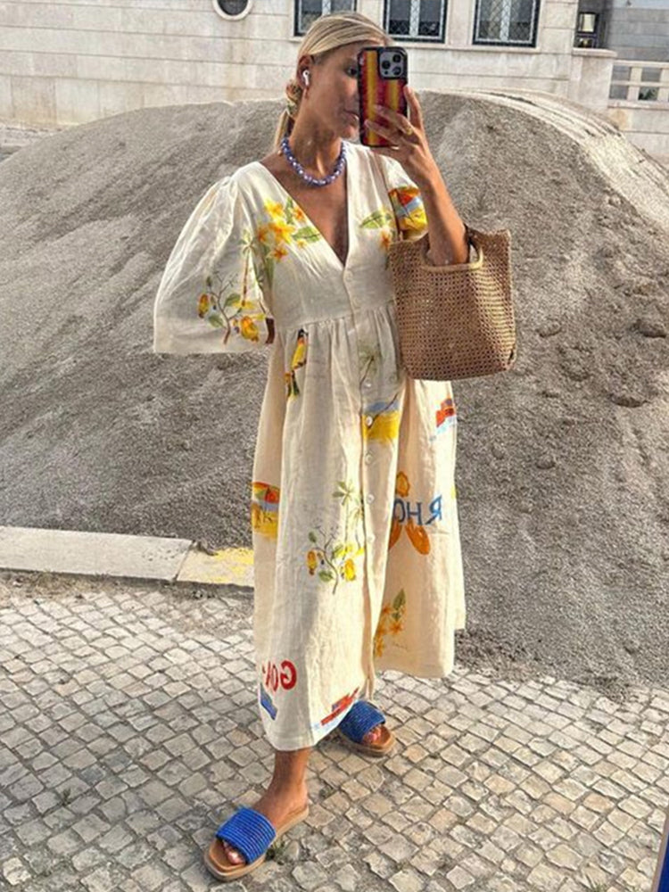 Deep V-Neck Puff Sleeve Button Front Tropical Print Midi Dress