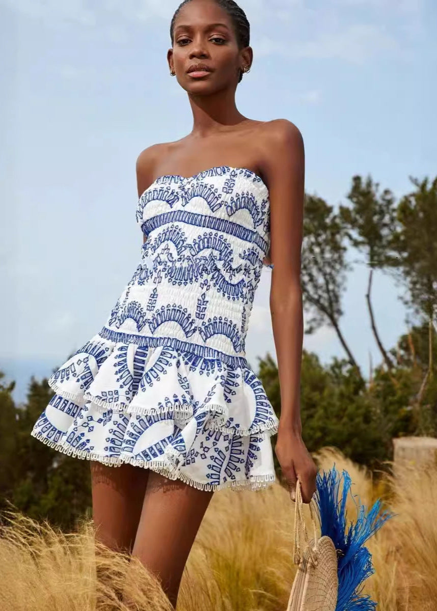 Strapless Smocked Geometric Print Tiered Ruffle Mini Dress