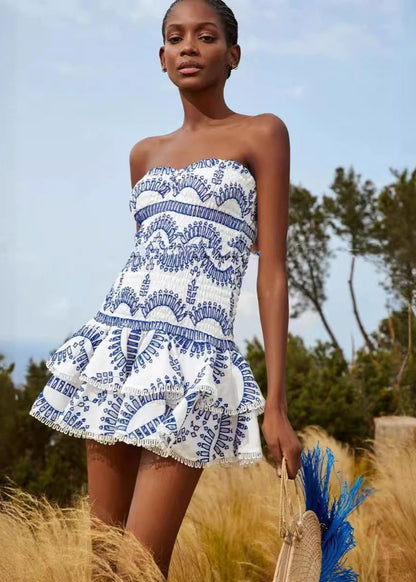 Strapless Smocked Geometric Print Tiered Ruffle Mini Dress