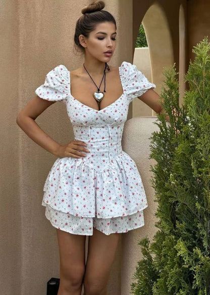 Sweetheart Corset Basque Waist Puff Sleeve Ditsy Floral Tiered Mini Dress