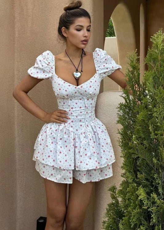 Sweetheart Corset Basque Waist Puff Sleeve Ditsy Floral Tiered Mini Dress