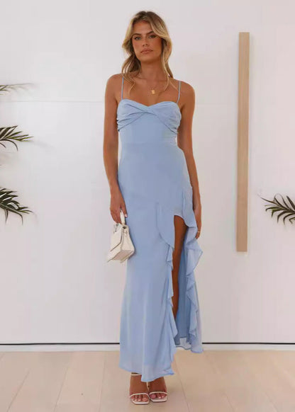 Spaghetti Strap Twist Front Bust Ruffle Trim High Side Slit Maxi Dress
