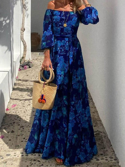 Off Shoulder Balloon Sleeve Large Floral Print Maxi Dress