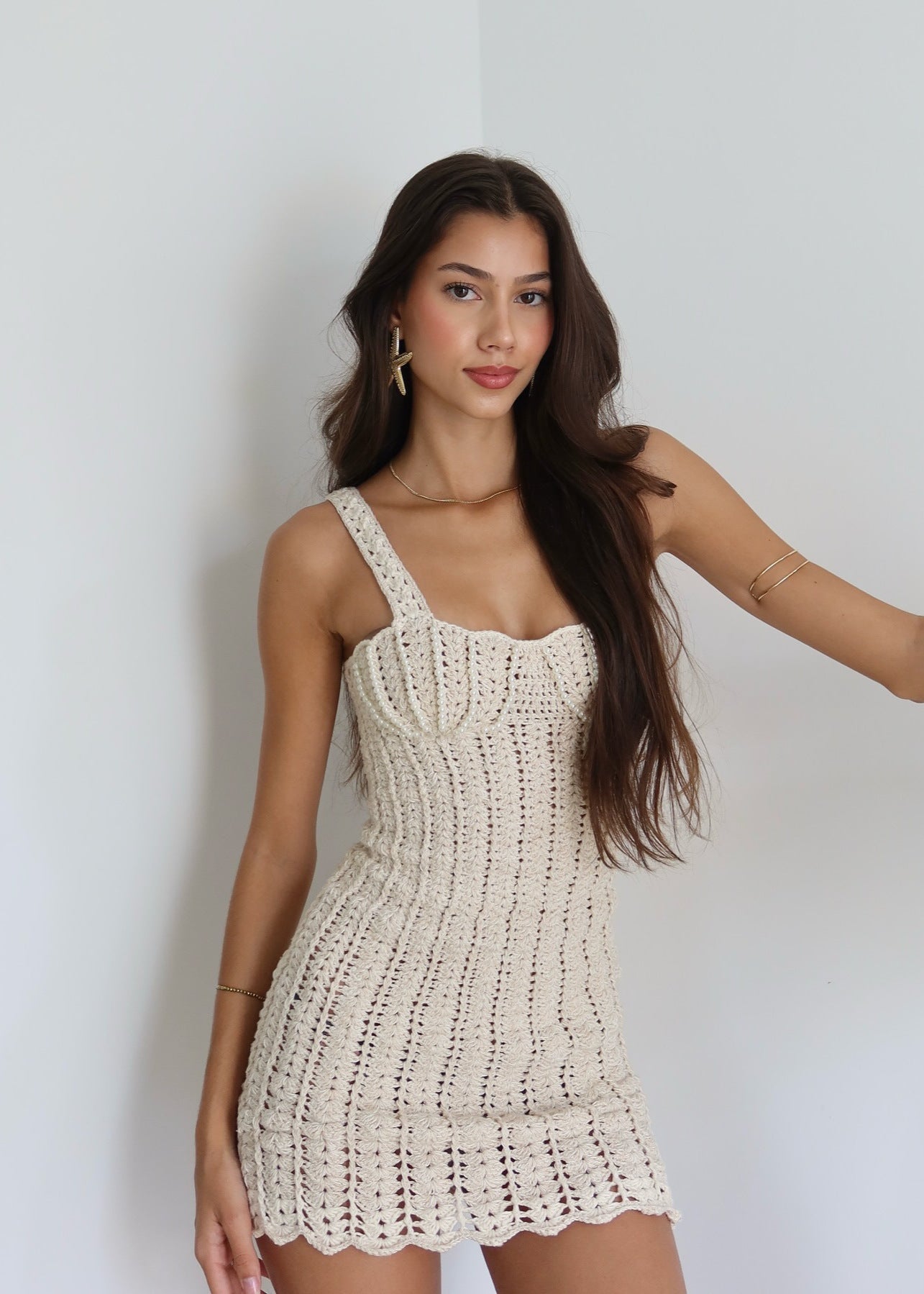 Bustier Pearl Trim Crochet Knit Scalloped Hem Bodycon Mini Dress