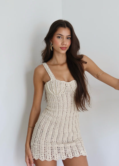 Bustier Pearl Trim Crochet Knit Scalloped Hem Bodycon Mini Dress