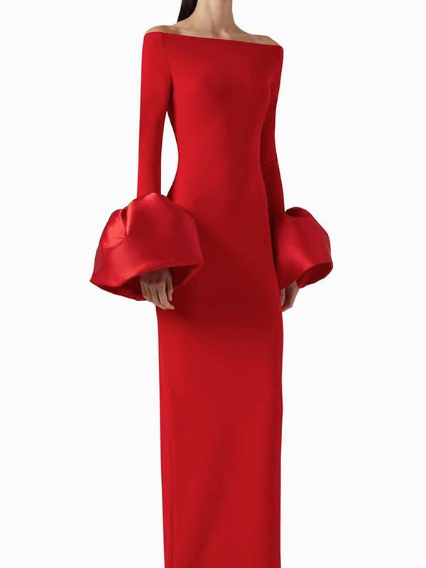Off Shoulder Long Sleeve Balloon Cuff Column Maxi Gown