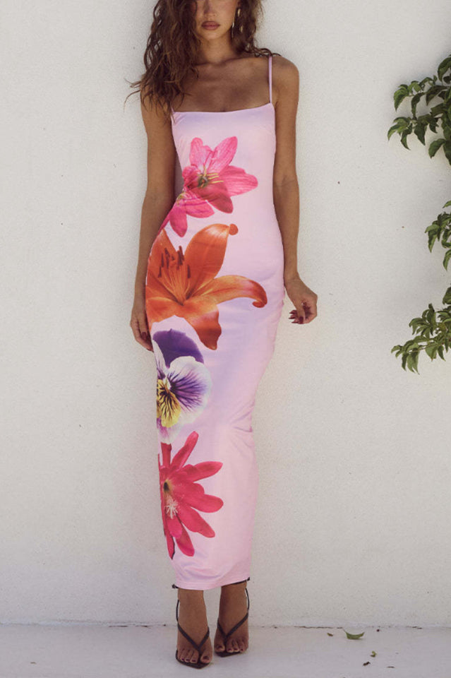 Spaghetti Strap Straight Neck Large Floral Graphic Print Bodycon Maxi Dress