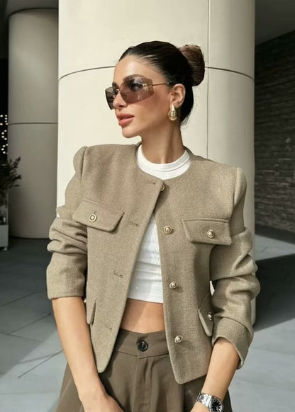 TailoRed Tweed Cropped Jacket â_?Classic Elegance with Gold Button Accents