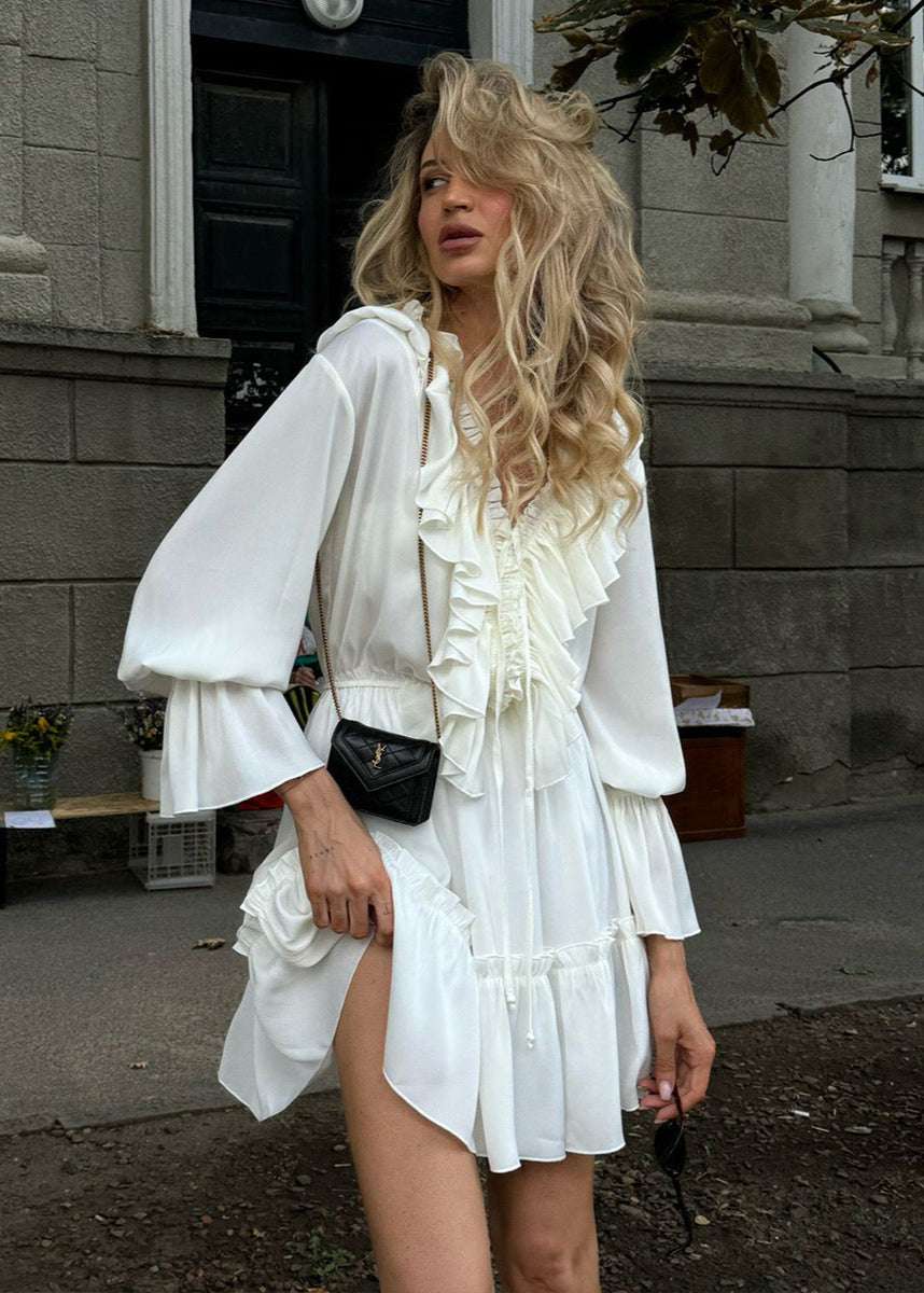 Deep V Ruffle Trim Long Sleeve Tiered Mini Dress