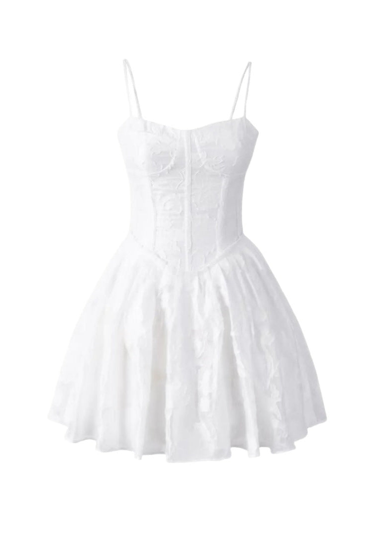 Sweetheart Spaghetti Strap Corset Bodice Jacquard Floral Gathered Skirt Mini Dress