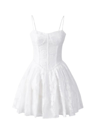Sweetheart Spaghetti Strap Corset Bodice Jacquard Floral Gathered Skirt Mini Dress