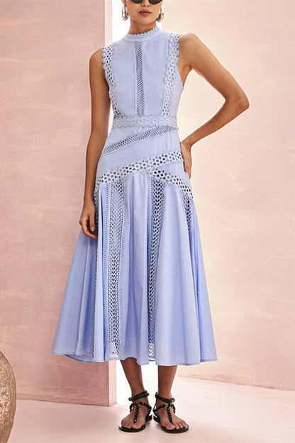 Mock Neck Crochet Lace Trim Eyelet Panel Pleated Fit and Flare Midi Dress