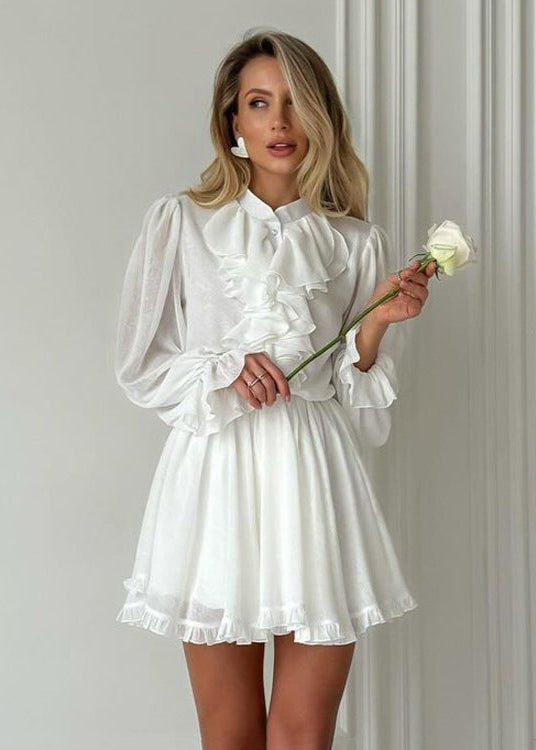 High Neck Ruffle Button Front Lantern Sleeve Mini Dress