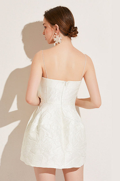 Jacquard Brocade Asymmetrical Pleated Overlay Spaghetti Strap Mini Dress