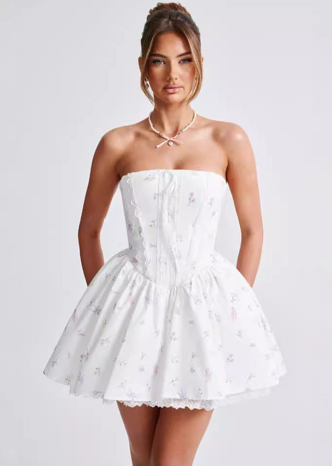 Strapless Corset Lace Trim Ditsy Floral Fit and Flare Mini Dress