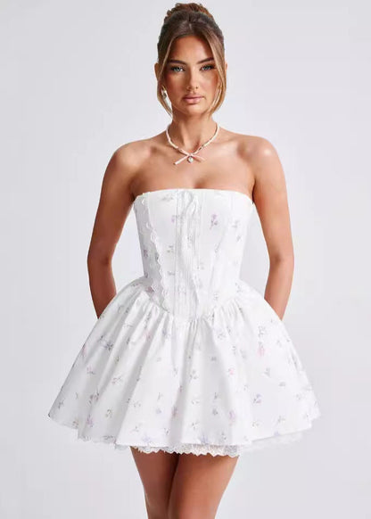 Strapless Corset Lace Trim Ditsy Floral Fit and Flare Mini Dress