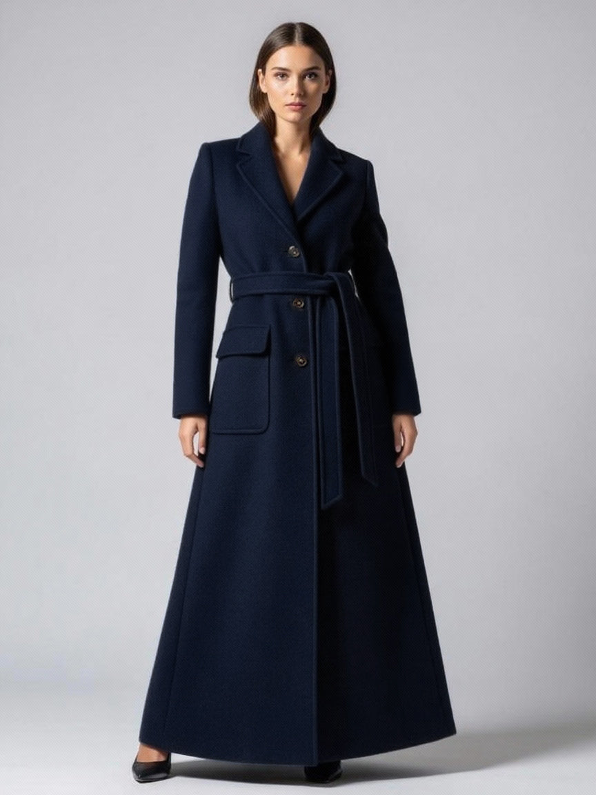 Belted Full Length Maxi Woolen Coat With Lapel And Big Pockets For Women 2026