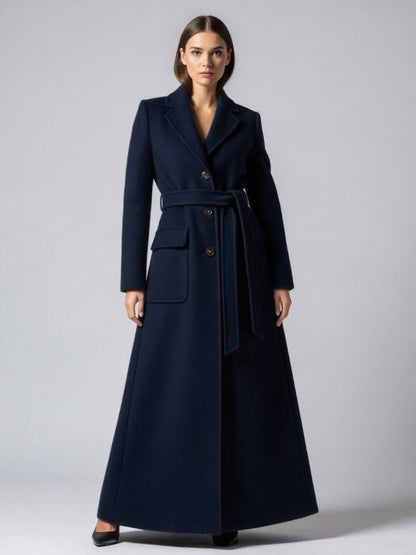 Belted Full Length Maxi Woolen Coat With Lapel And Big Pockets For Women 2026