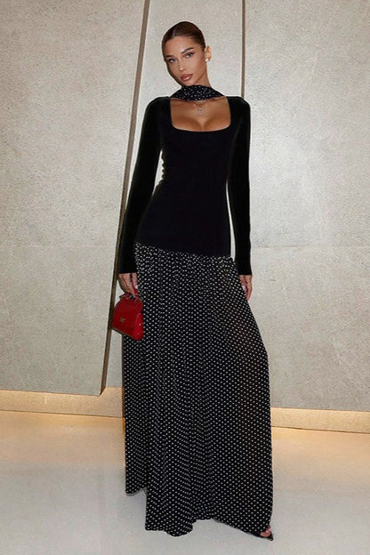 Square Neck Long Sleeve Fitted Top Polka Dot Maxi Skirt Neck Scarf Set