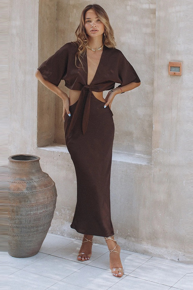 Flutter Sleeve Cutout Waist Tie Front Satin Maxi Dress