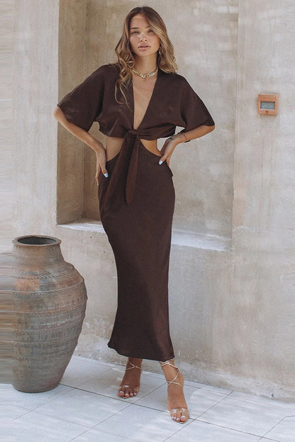 Flutter Sleeve Cutout Waist Tie Front Satin Maxi Dress