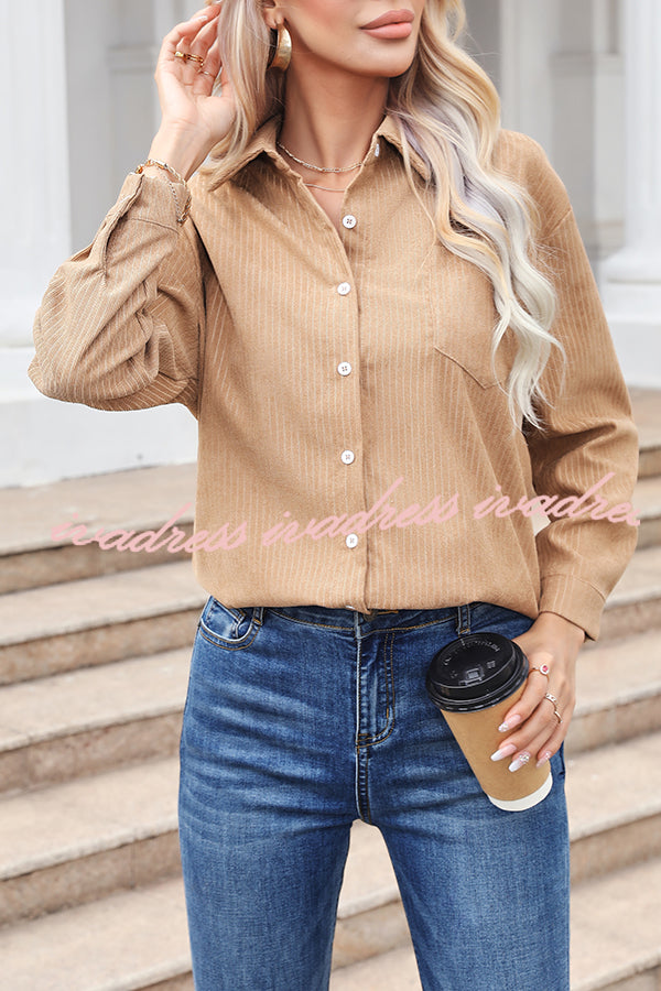 Tiko Miko Corduroy Button Down Long Sleeve Pocket Striped Shirt