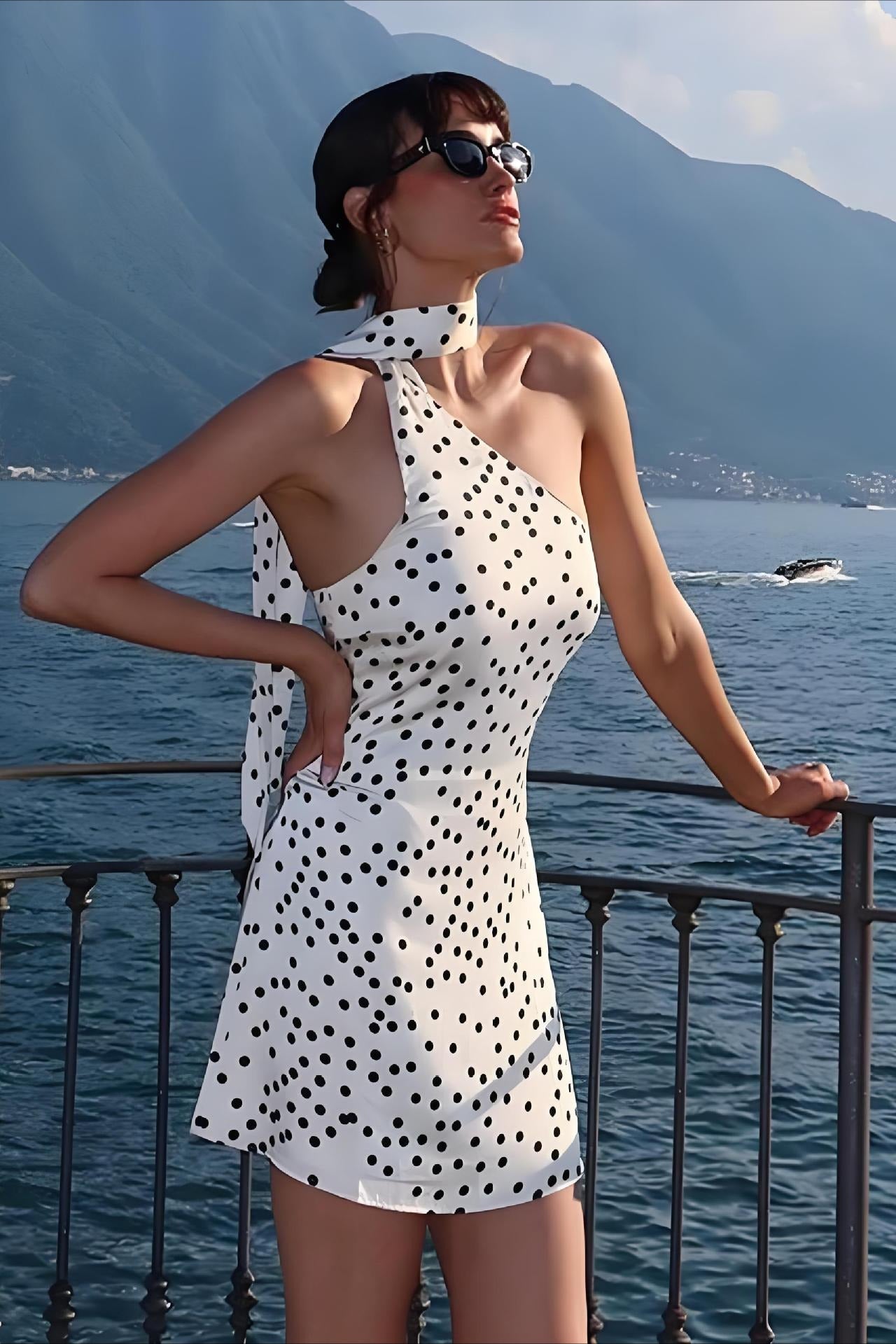 Polka Dot One-Shoulder Halter Neck Choker Mini Dress