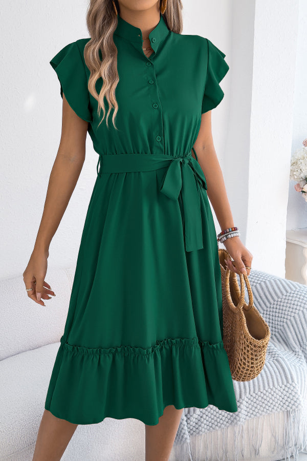 Solid Color Stand Collar Button Waist Tie Casual Midi Dress