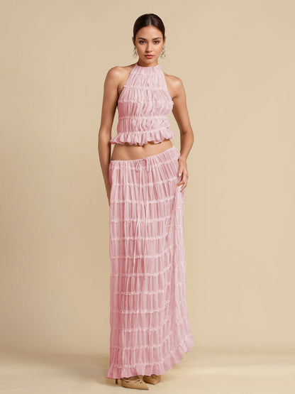 Textured Halter Neck Crop Top And Long Skirt 2 Piece Co-ord Set For Beach 2026
