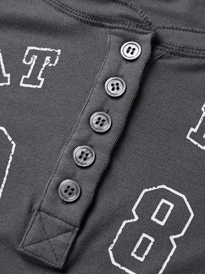 Number Letter Print Breasted Slim Long Sleeve Tee
