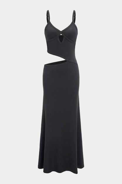 Rib Knit Spaghetti Strap Sweetheart Bust Side Cut Out Slip Maxi Dress