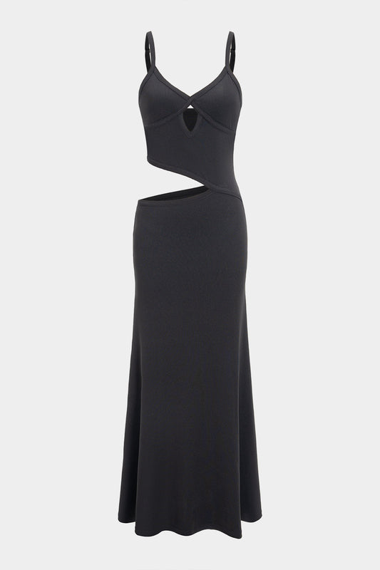 Rib Knit Spaghetti Strap Sweetheart Bust Side Cut Out Slip Maxi Dress