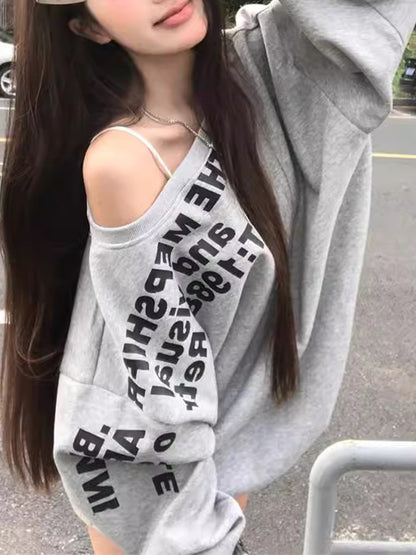 Letter Printed Off Shoulder Loose Sweatshirt