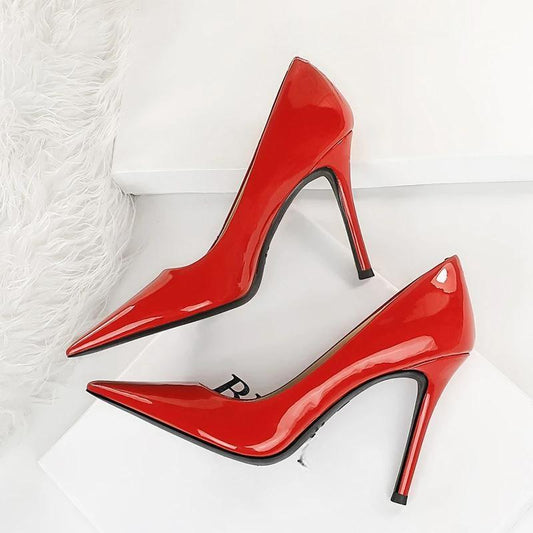 Patent Leather Woman Pumps with Pointed Toe High Heels for Office Wear