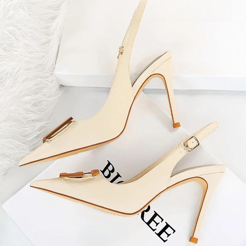 Metal Square Buckle High Heel Stiletto Pumps for Women, Pointed Toe Sexy Party Shoes
