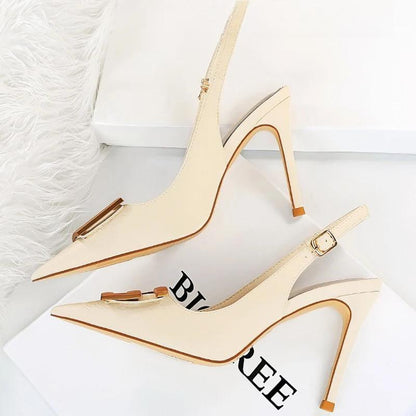 Metal Square Buckle High Heel Stiletto Pumps for Women, Pointed Toe Sexy Party Shoes