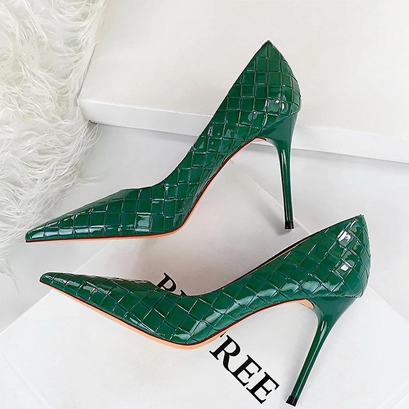 Woven Pattern Patent Leather Woman Pumps High Heels