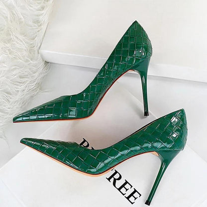 Woven Pattern Patent Leather Woman Pumps High Heels