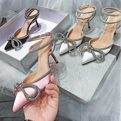 Glitter Rhinestones Silk Women Pumps with Crystal Bowknot - Spring Autumn Lady High Heels