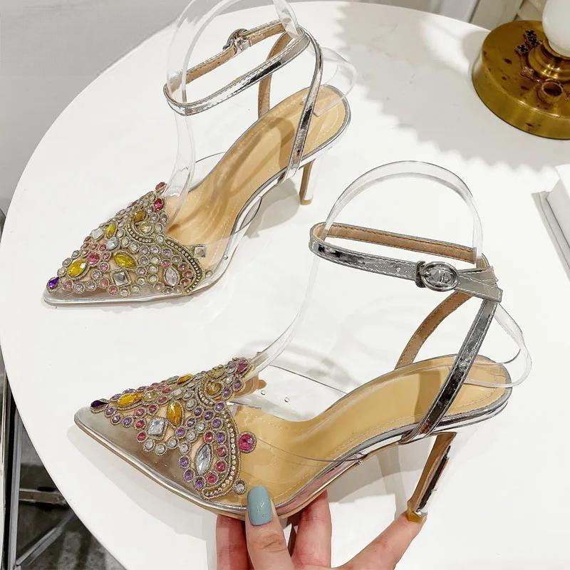 Transparent PVC Women Pumps with Sexy String Bead Crystal High Heels
