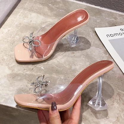 Transparent High Heel Women's Slippers with Sexy Square Toe
