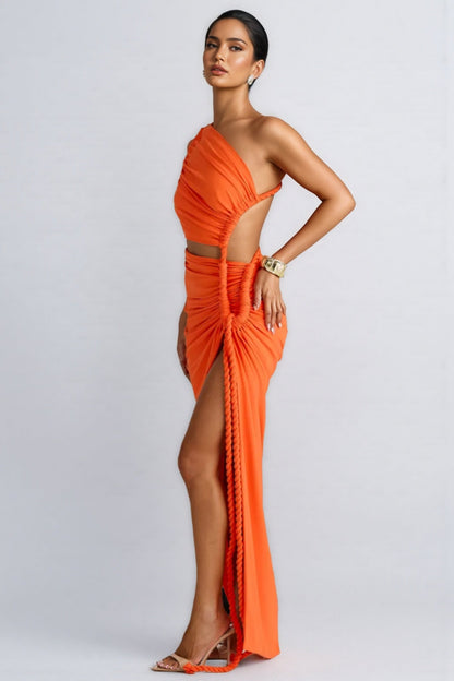 Ierra One Shoulder Cut Out Shirring Maxi Dress