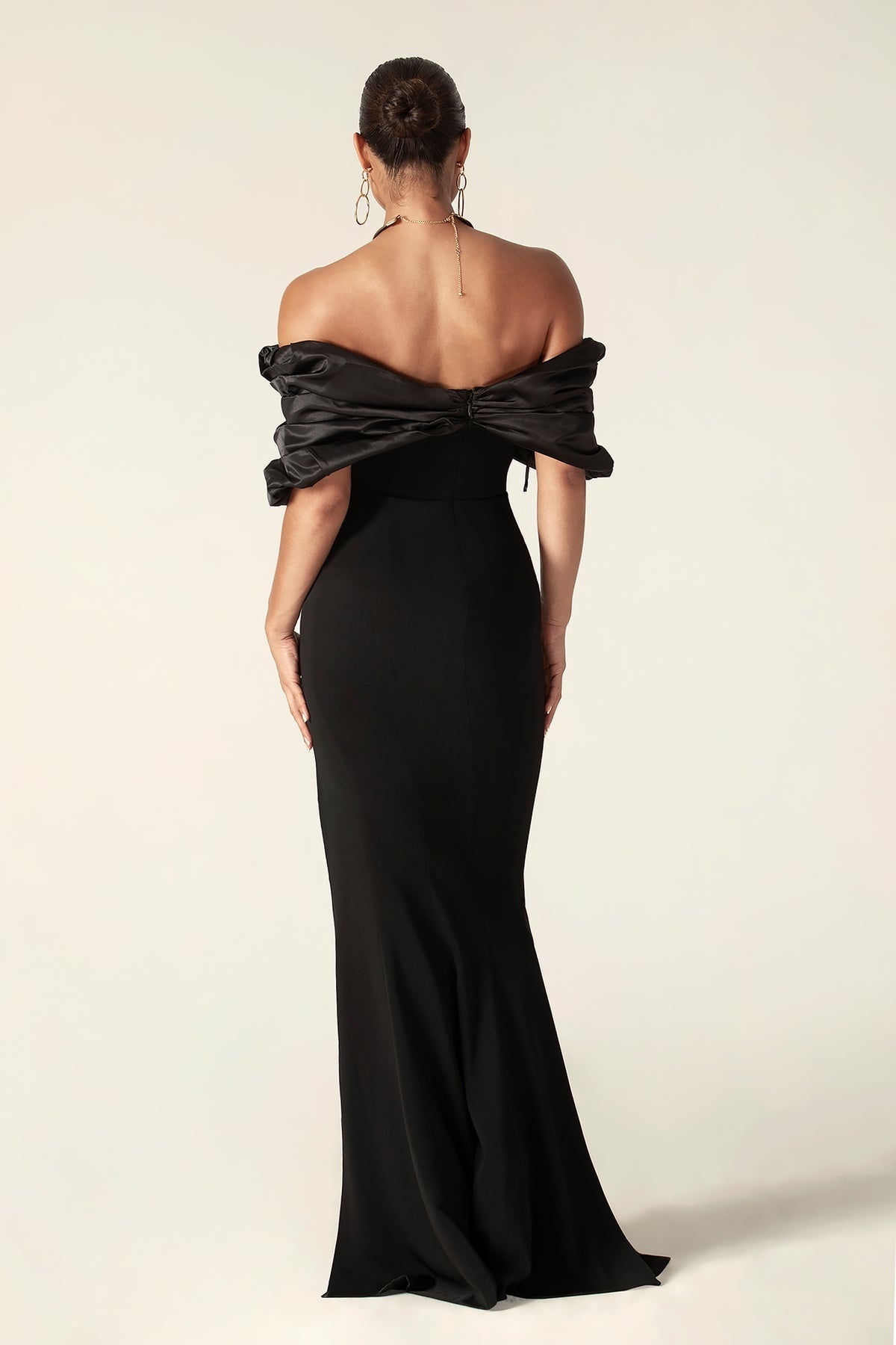 Off Shoulder Satin Ruffle Tiered Bodice High Slit Column Maxi Dress