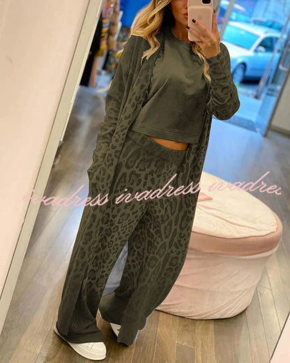 Comfort first Leopard Print Pocket Long Sleeve Cardigan Elastic Waist Pants Set