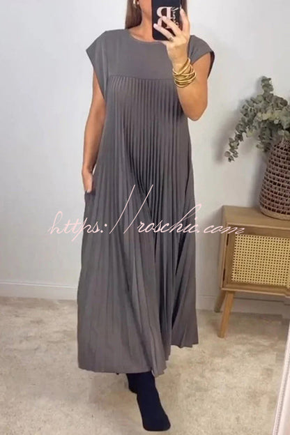 Solid Color Round Neck Sleeveless Pleated Large Hem Maxi Dress